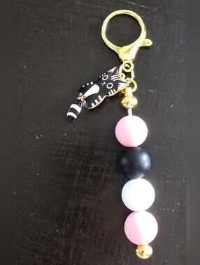 Cute Black Cat Beaded Keychain with Pink & White Beads